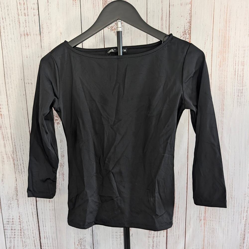 Zara Top Womens Small Black Boatneck Fitted 3/4 Sleeve Clean Girl Minimalist S